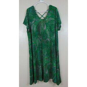 New Avenue Womens Plus Size 18 20 X-Back Dress Yucca Palm Tropical Knee Stretch